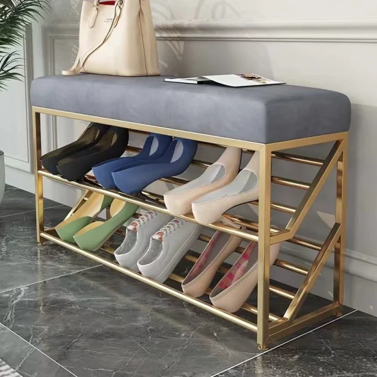 Étagère à chaussures de luxe légère et moderne avec cadre en métal et armoire à chaussures de salon avec banc souple